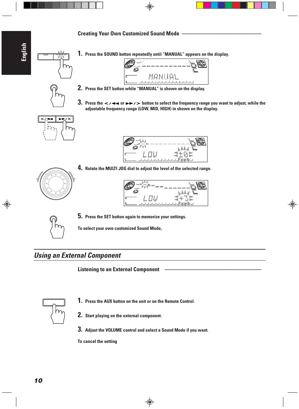 Using an external component, English, Creating your own customized sound mode | Listening to an external component | JVC CA-MD9R User Manual | Page 14 / 63