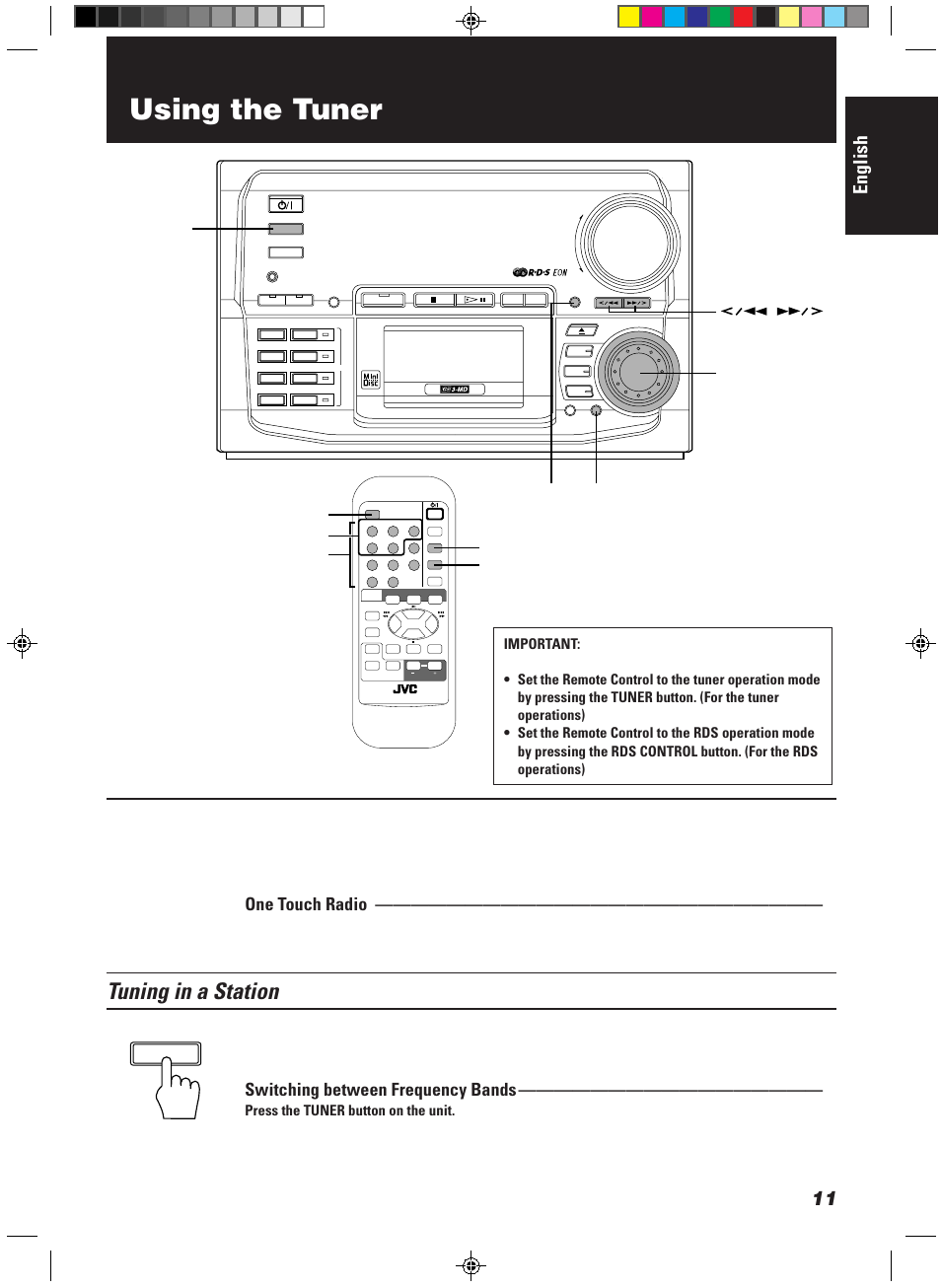 Using the tuner, Tuning in a station, English | One touch radio, Switching between frequency bands, Multi jog dial set tuner | JVC CA-MD9R User Manual | Page 15 / 63