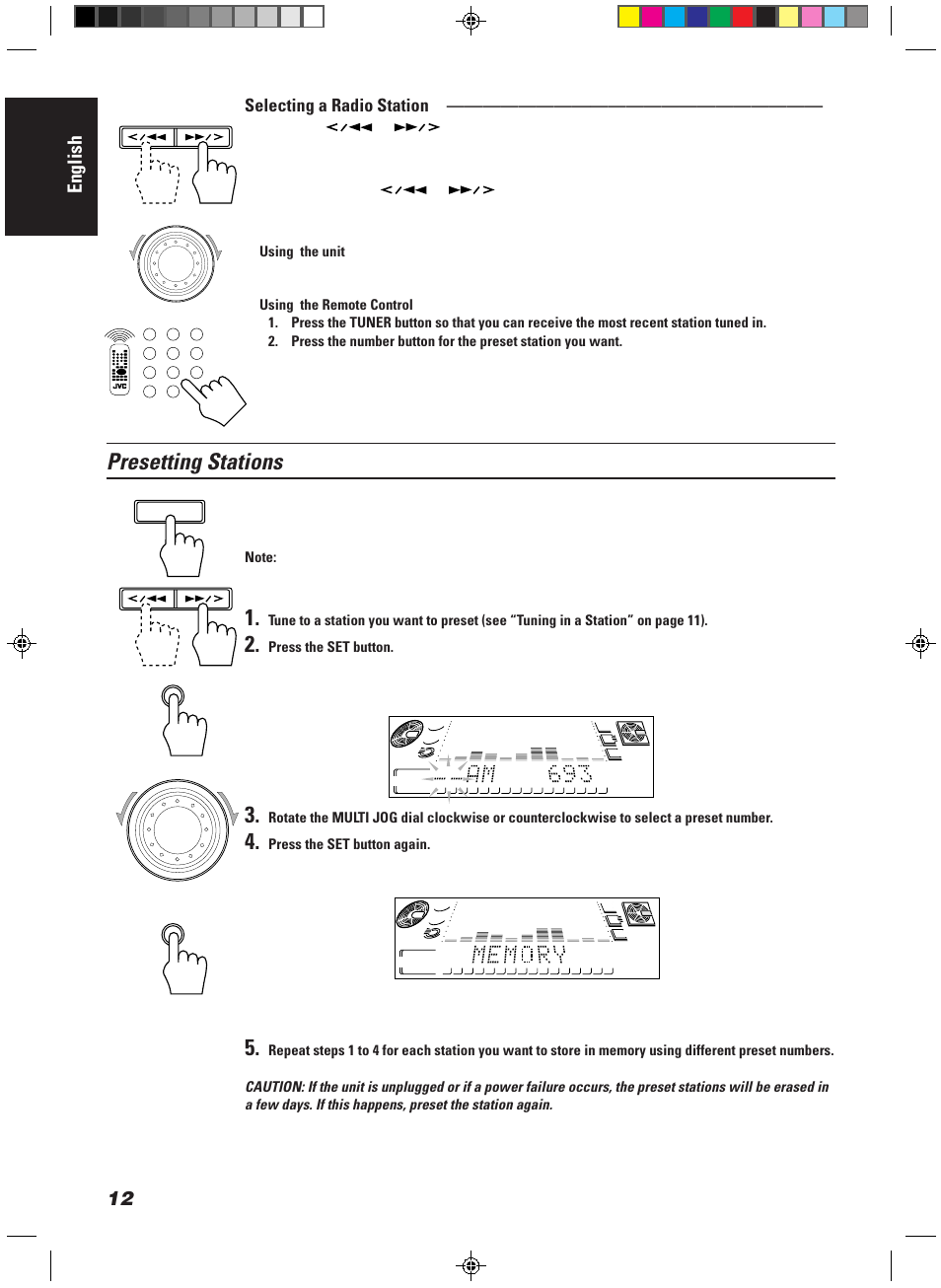 Presetting stations, English, Selecting a radio station | JVC CA-MD9R User Manual | Page 16 / 63