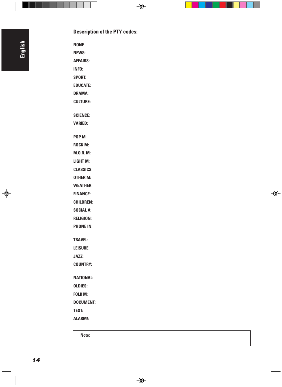 English, Description of the pty codes | JVC CA-MD9R User Manual | Page 18 / 63