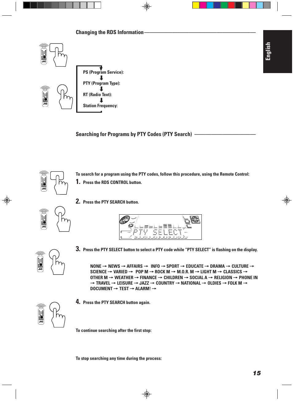 English, Changing the rds information, Searching for programs by pty codes (pty search) | JVC CA-MD9R User Manual | Page 19 / 63