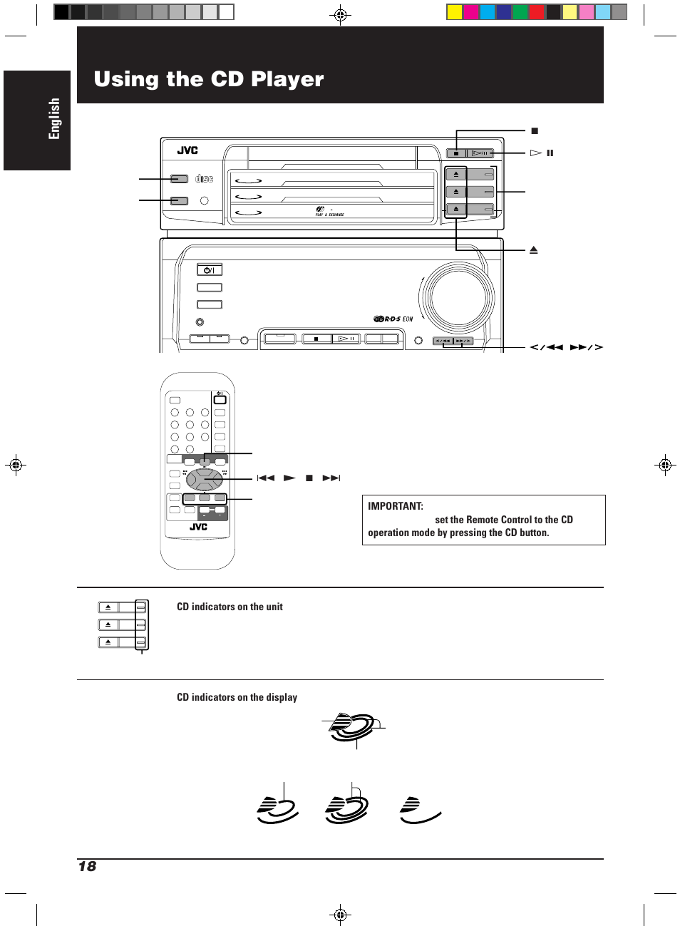 Using the cd player, English, Cd indicators | JVC CA-MD9R User Manual | Page 22 / 63