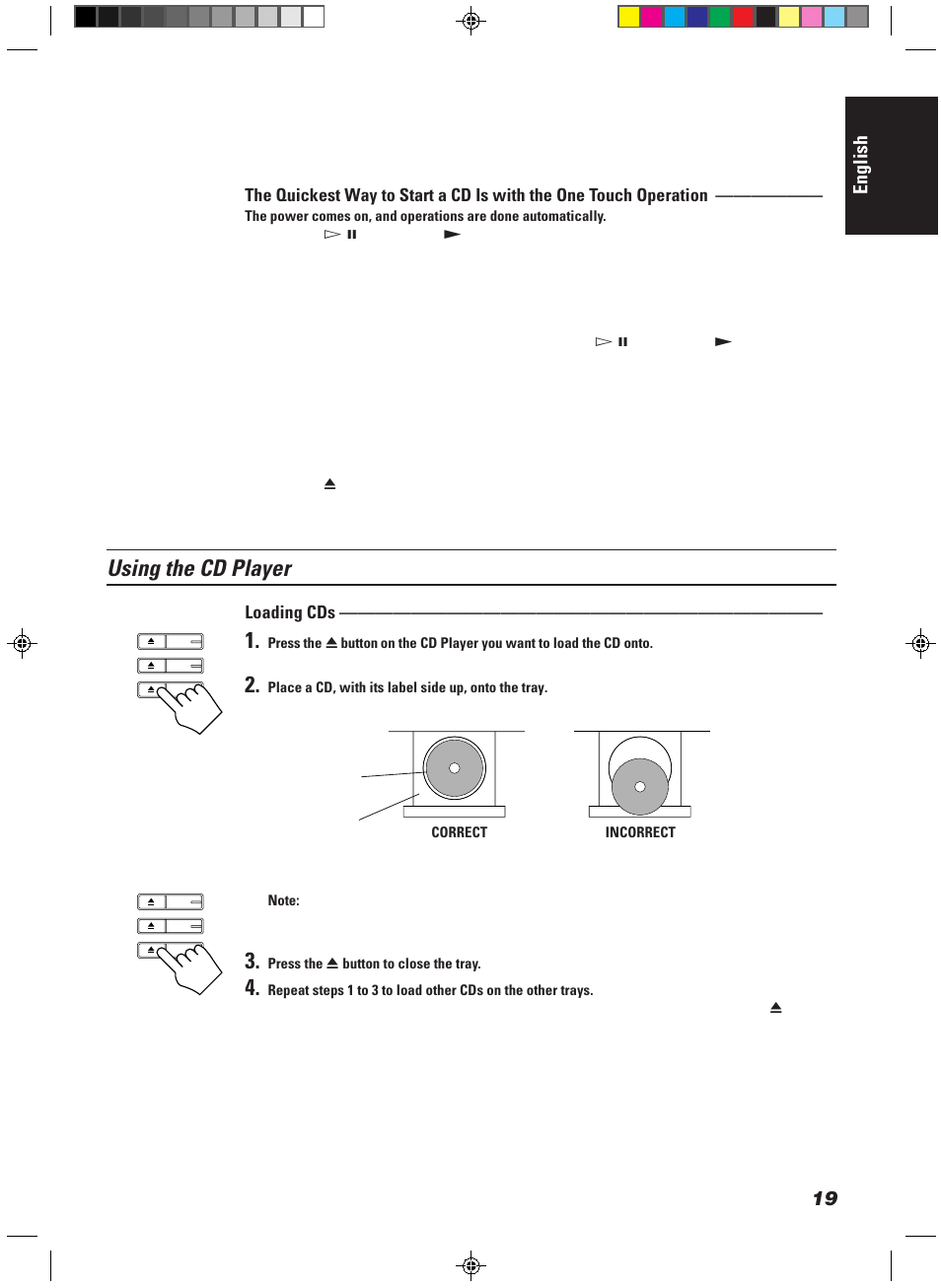 Using the cd player, English, Loading cds | JVC CA-MD9R User Manual | Page 23 / 63