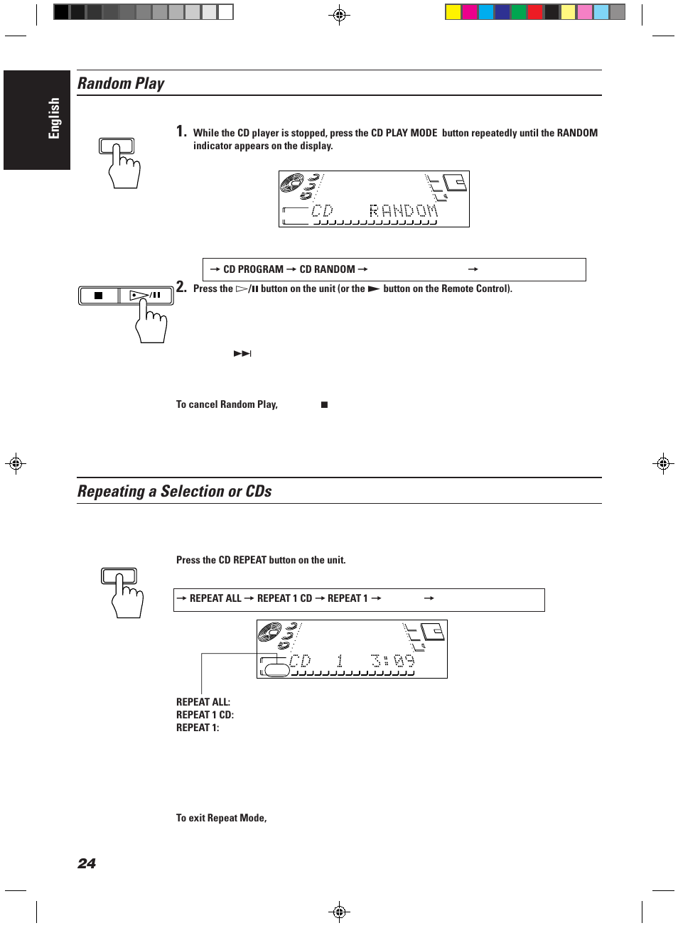 Random play, Repeating a selection or cds, English | The tracks of all loaded cds will play at random | JVC CA-MD9R User Manual | Page 28 / 63
