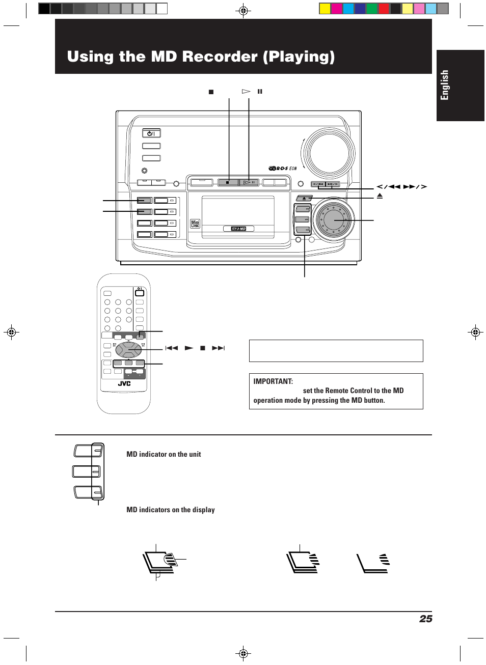 Using the md recorder (playing), English, When no md is loaded. when an md is loaded | Md disc (1 to 3) | JVC CA-MD9R User Manual | Page 29 / 63