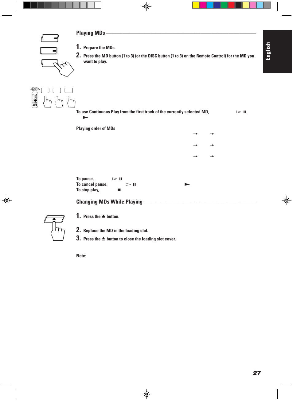 English, Playing mds, Changing mds while playing | JVC CA-MD9R User Manual | Page 31 / 63