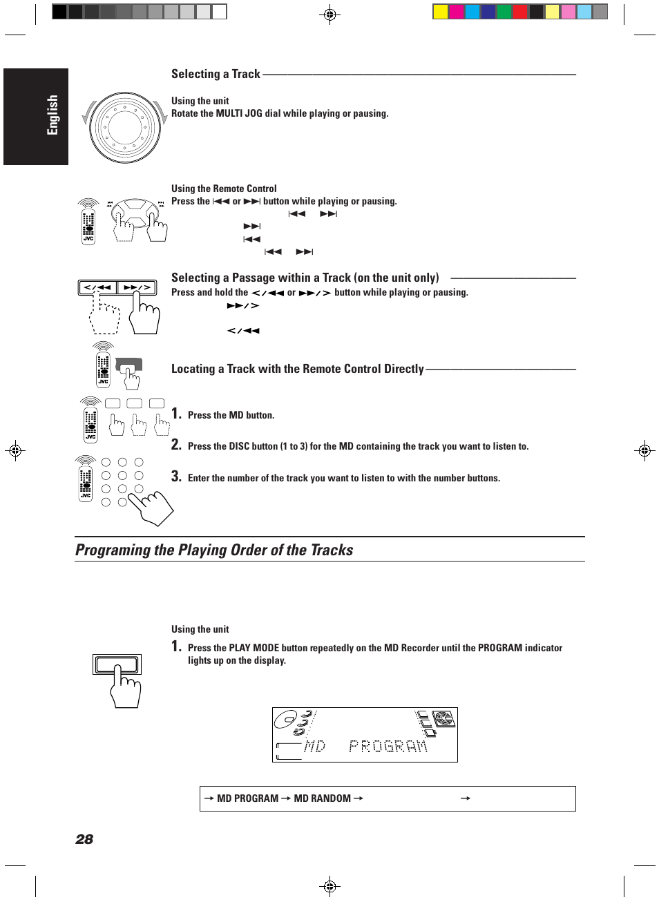 Programing the playing order of the tracks, English, Selecting a track | Locating a track with the remote control directly | JVC CA-MD9R User Manual | Page 32 / 63