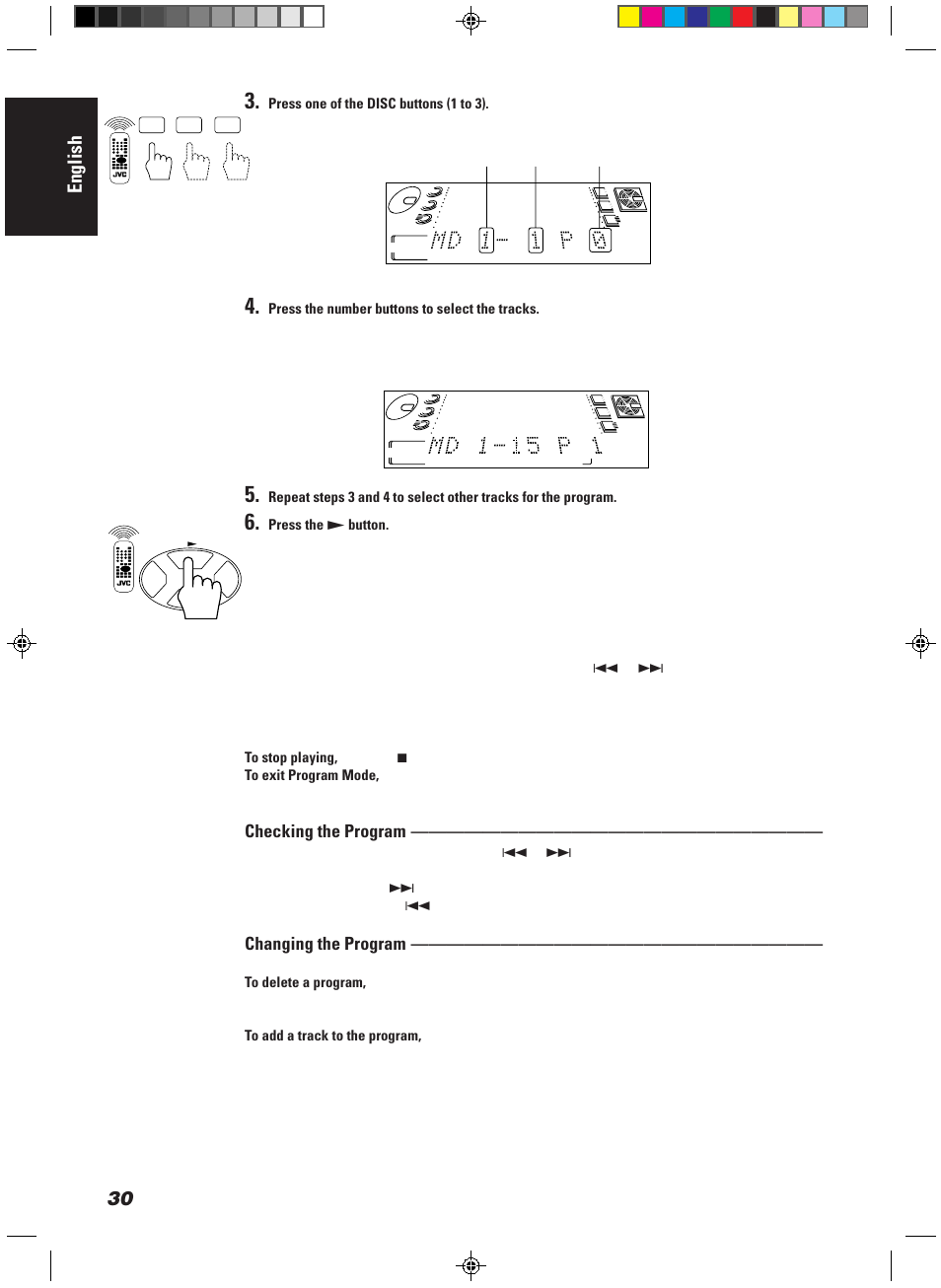 English, Checking the program, Changing the program | Track number md number step number | JVC CA-MD9R User Manual | Page 34 / 63