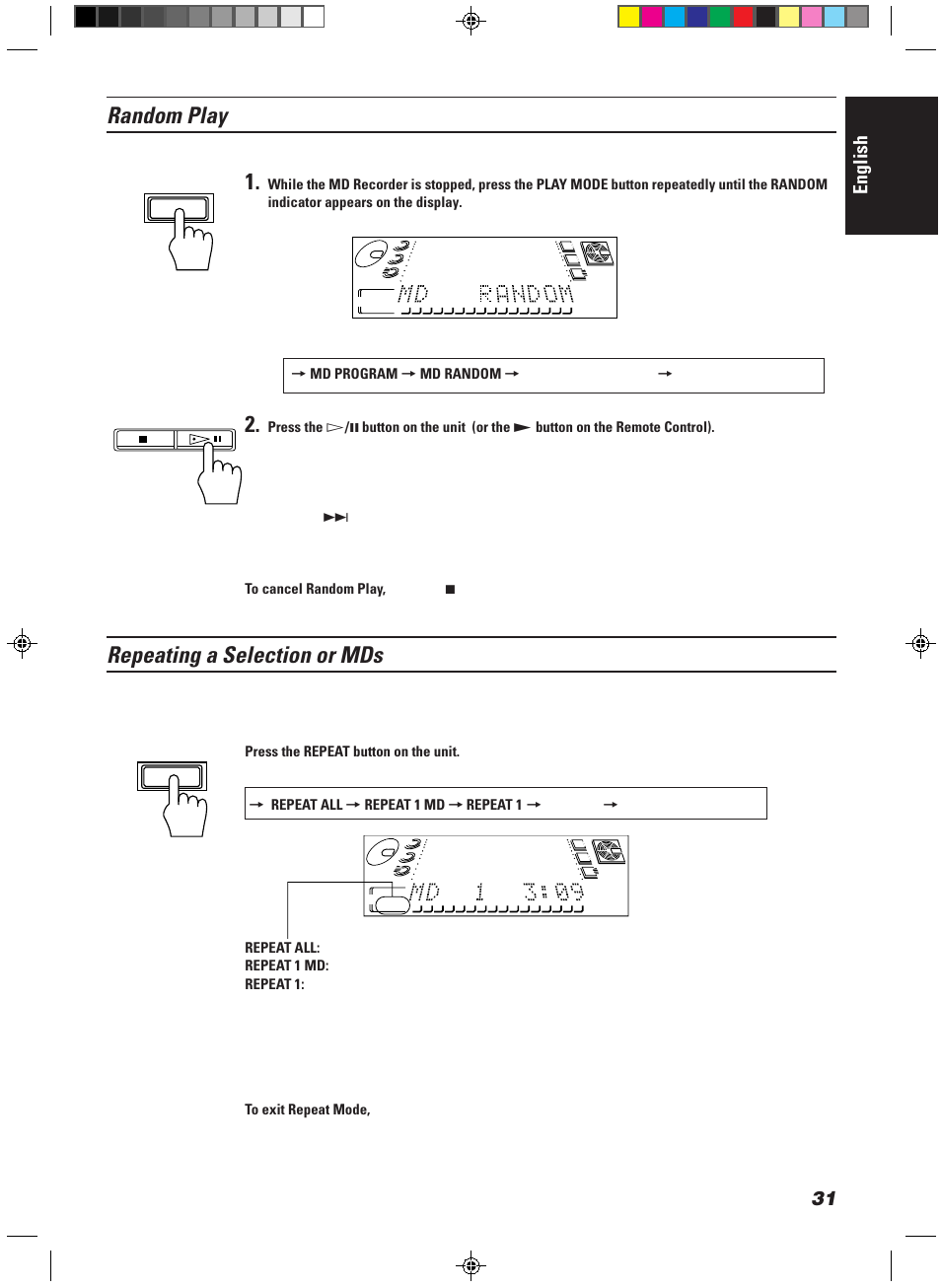 Random play, Repeating a selection or mds, English | The tracks of all loaded mds will play at random | JVC CA-MD9R User Manual | Page 35 / 63