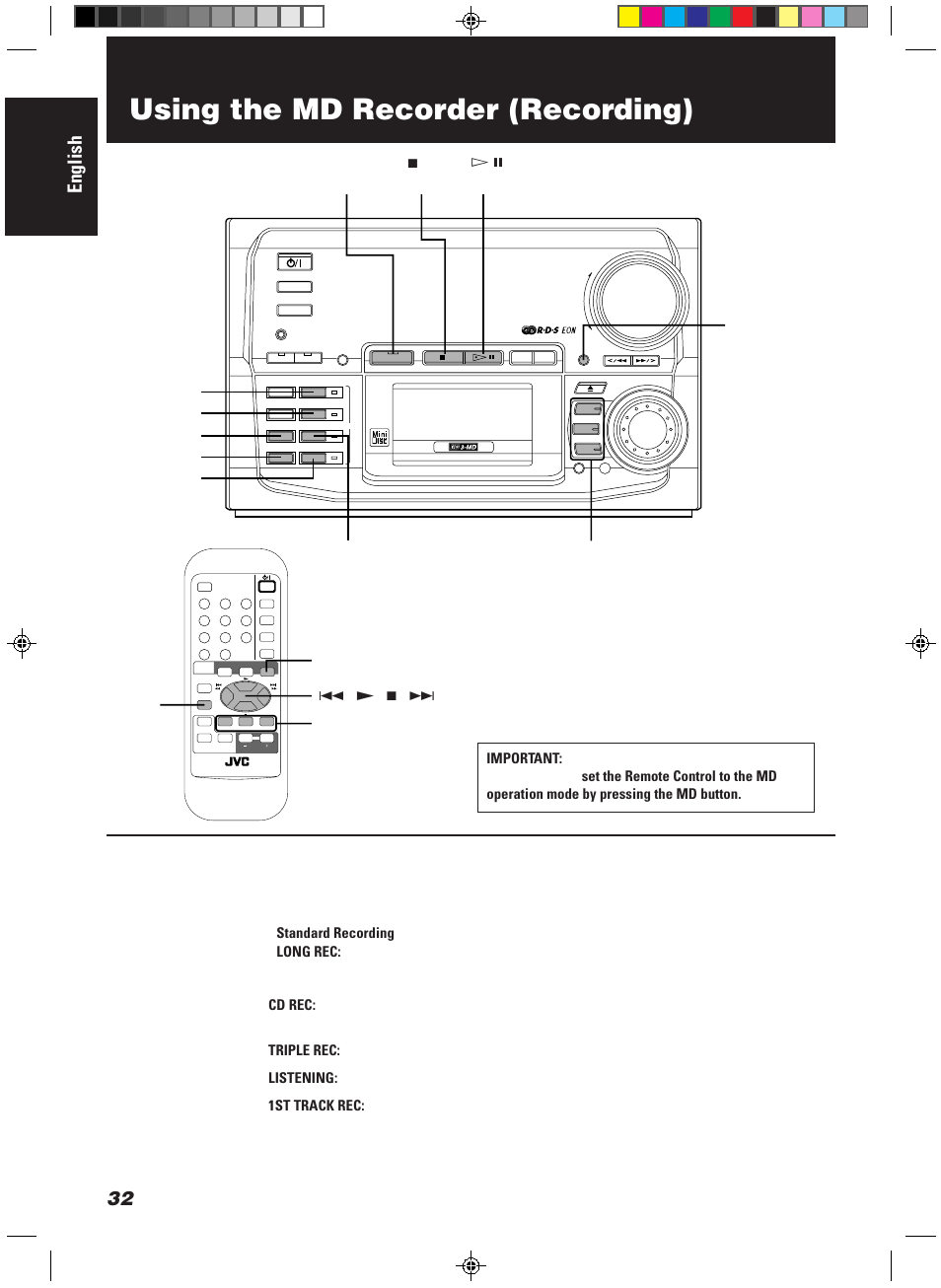 Using the md recorder (recording), English | JVC CA-MD9R User Manual | Page 36 / 63