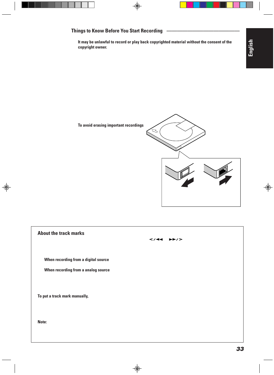 English, Things to know before you start recording, About the track marks | JVC CA-MD9R User Manual | Page 37 / 63