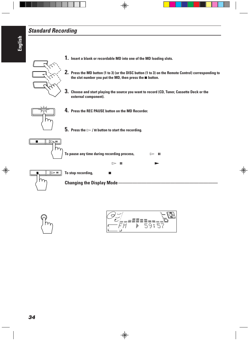 Standard recording, English, Changing the display mode | JVC CA-MD9R User Manual | Page 38 / 63