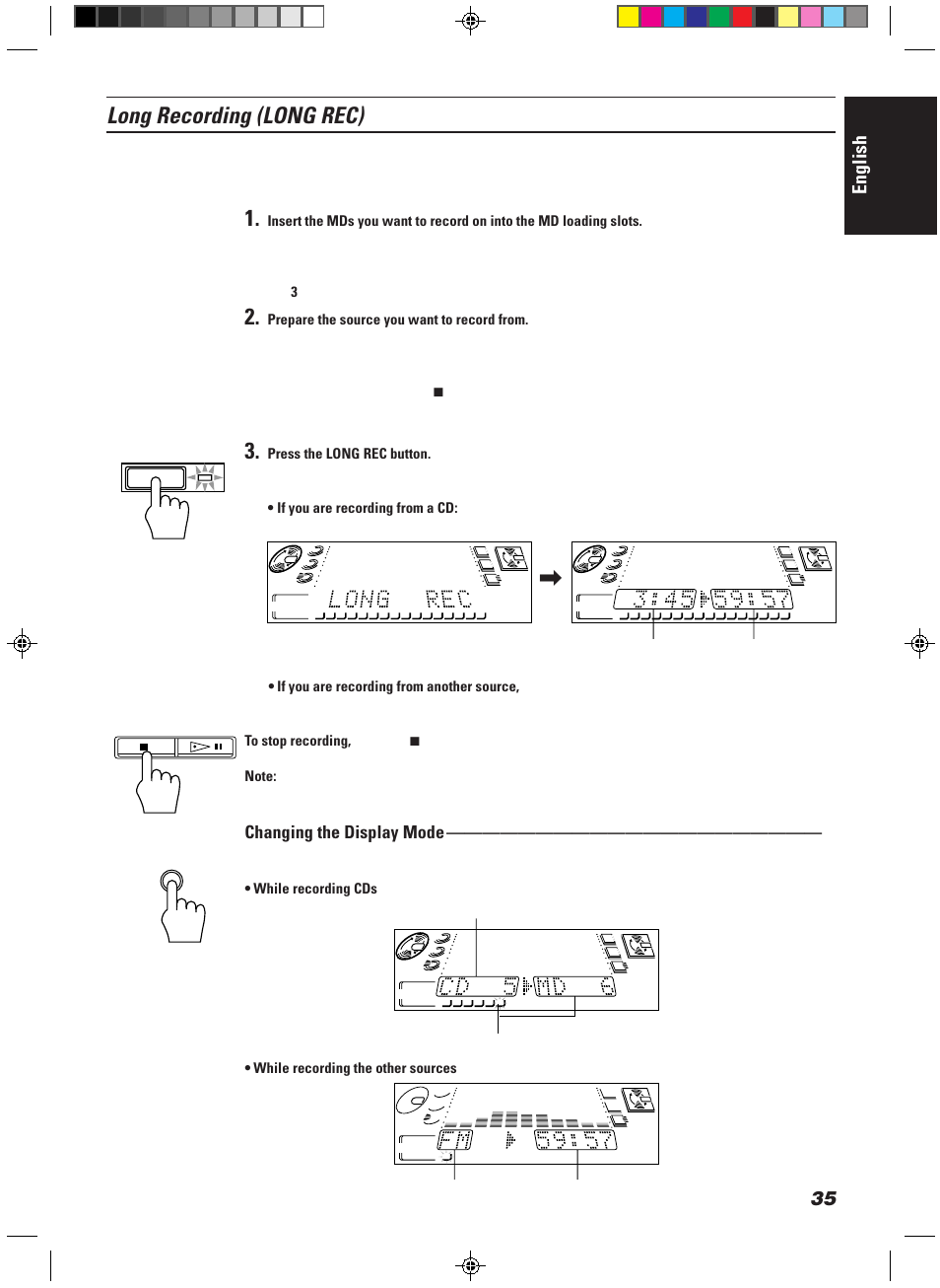 Long recording (long rec), English, Changing the display mode | Remaining time of the md source name, Long rec | JVC CA-MD9R User Manual | Page 39 / 63