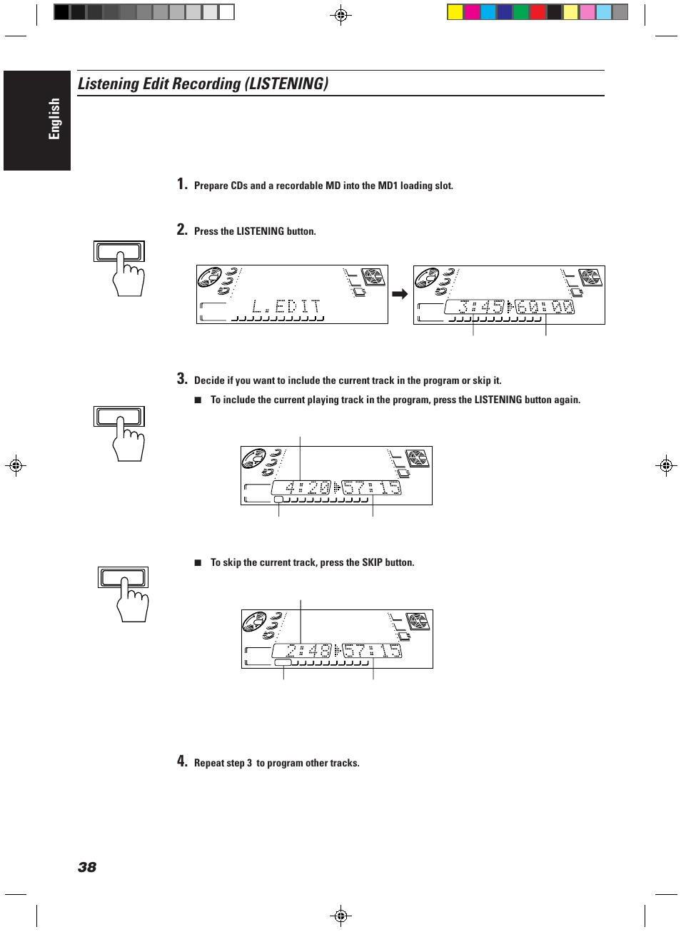 Listening edit recording (listening), English, Playing time of the current track | Listening, Listening skip | JVC CA-MD9R User Manual | Page 42 / 63