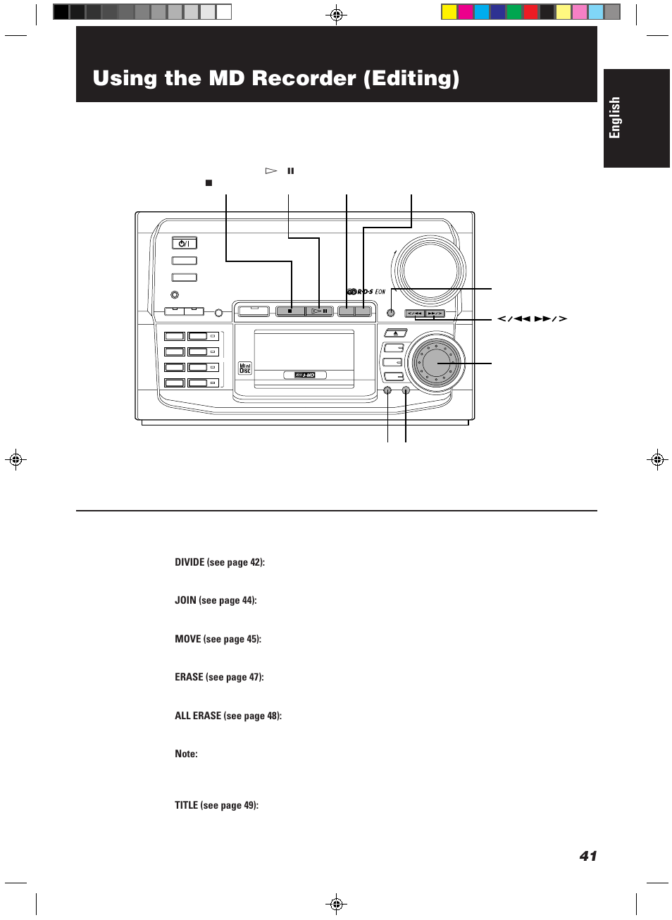 Using the md recorder (editing), English, Display/chara multi jog dial | JVC CA-MD9R User Manual | Page 45 / 63