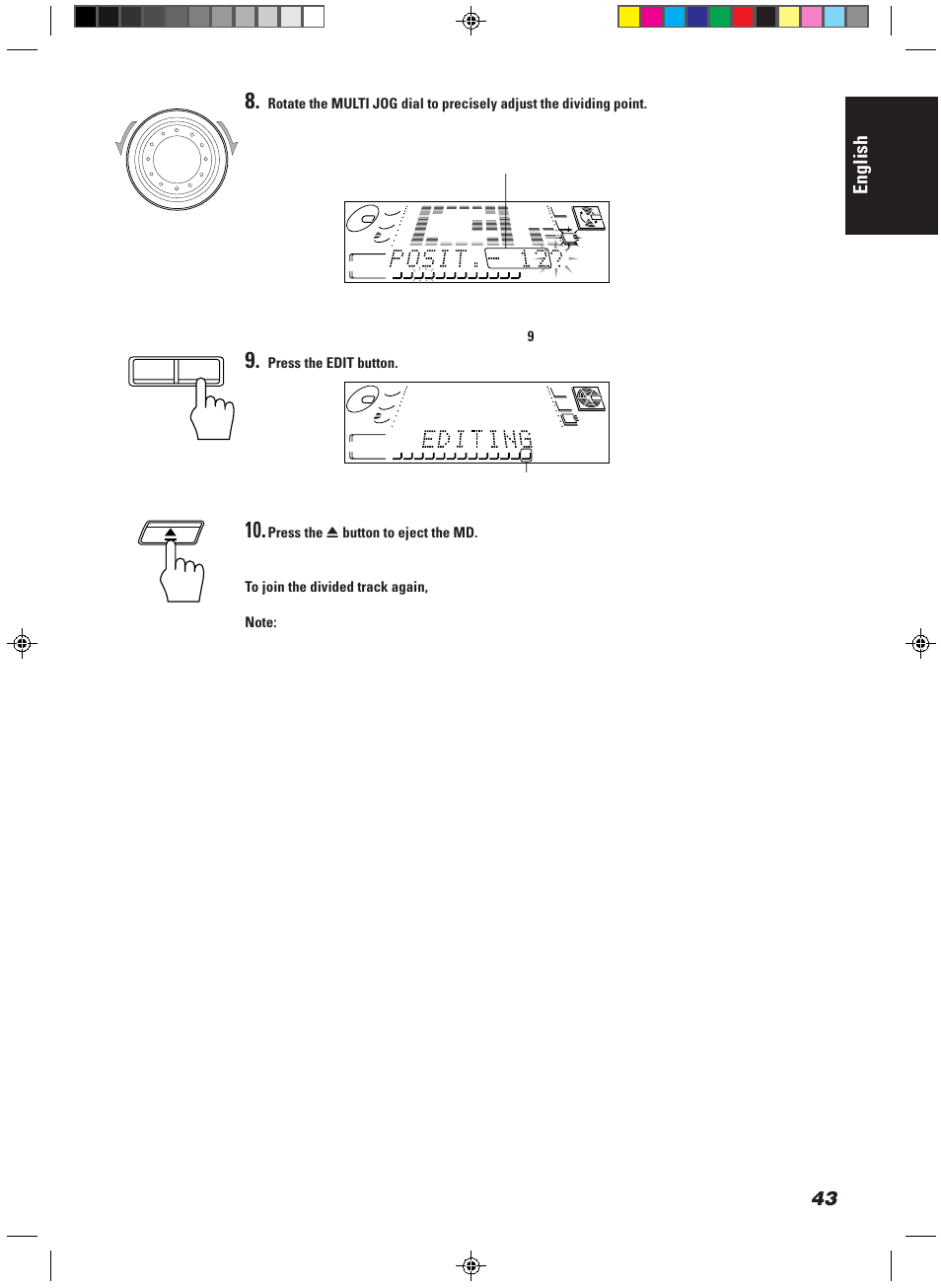 English, Press the edit button, Shifted position | Total track number increases | JVC CA-MD9R User Manual | Page 47 / 63