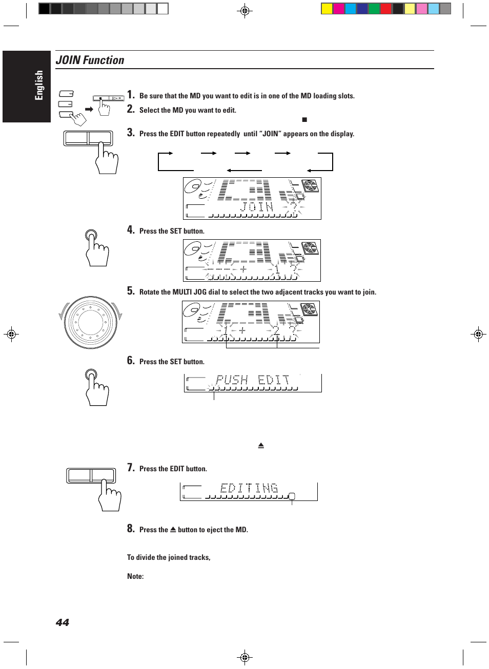 Join function, English, Press the set button | Press the edit button, Two adjacent tracks selected, Total track number decreases, Join divide move erase all erase canceled | JVC CA-MD9R User Manual | Page 48 / 63