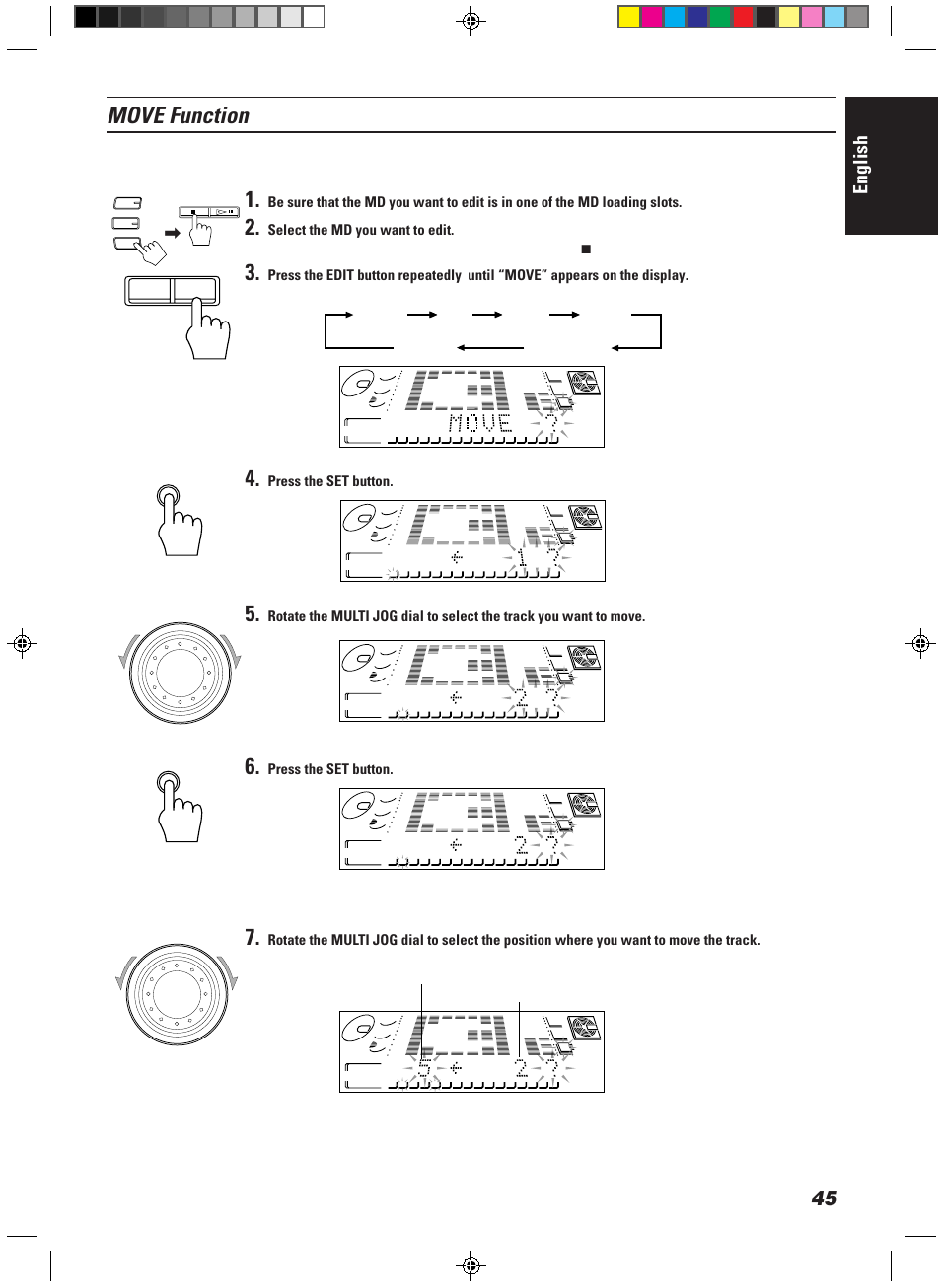 Move function, English, Press the set button | Ex. when you want to move the track 2, Track number moved to track number moved from, Continued to the next page), Join divide move erase all erase canceled, Title edit | JVC CA-MD9R User Manual | Page 49 / 63