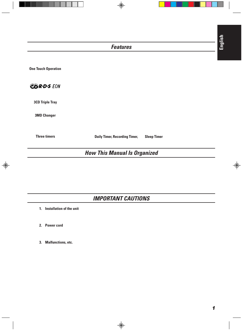 Features, How this manual is organized, Important cautions | English | JVC CA-MD9R User Manual | Page 5 / 63