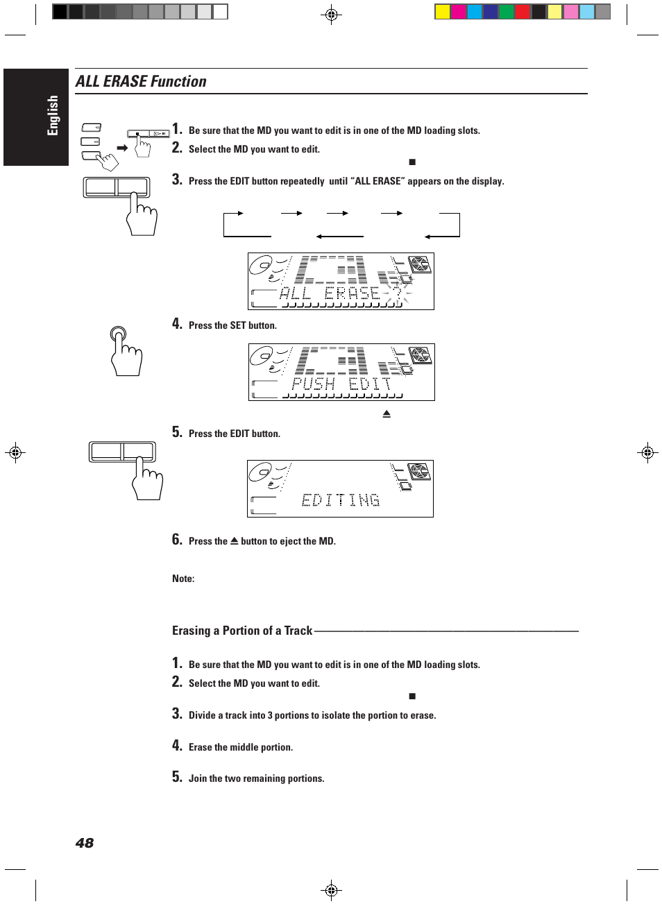 All erase function, English, Erasing a portion of a track | Press the edit button, All track numbers disappear, Join divide move erase all erase canceled | JVC CA-MD9R User Manual | Page 52 / 63