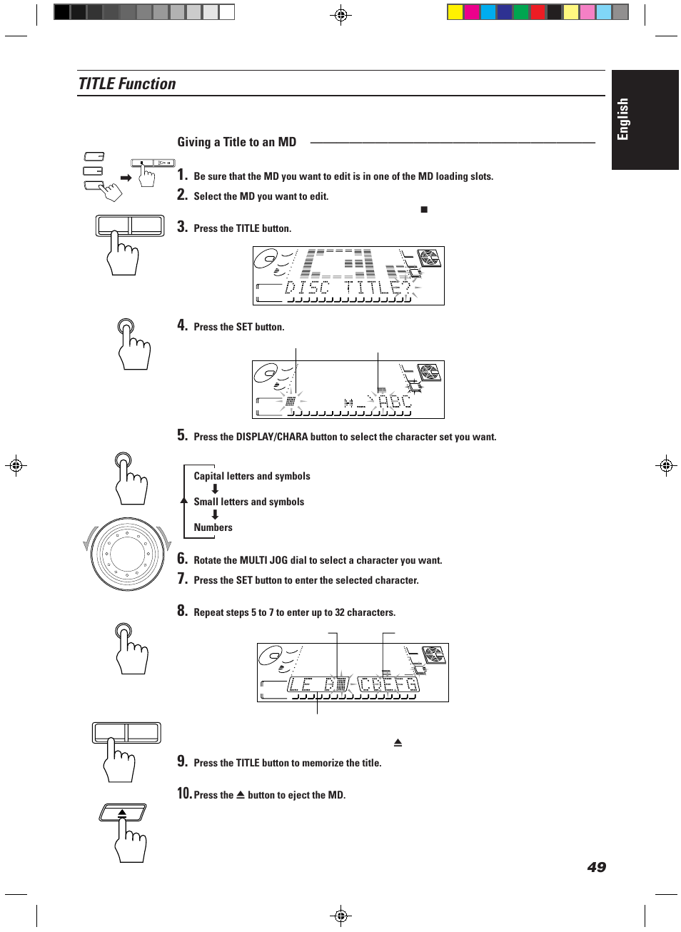 Title function, English, Giving a title to an md | Press the title button, Press the set button, Cursor position flashes “a” flashes | JVC CA-MD9R User Manual | Page 53 / 63