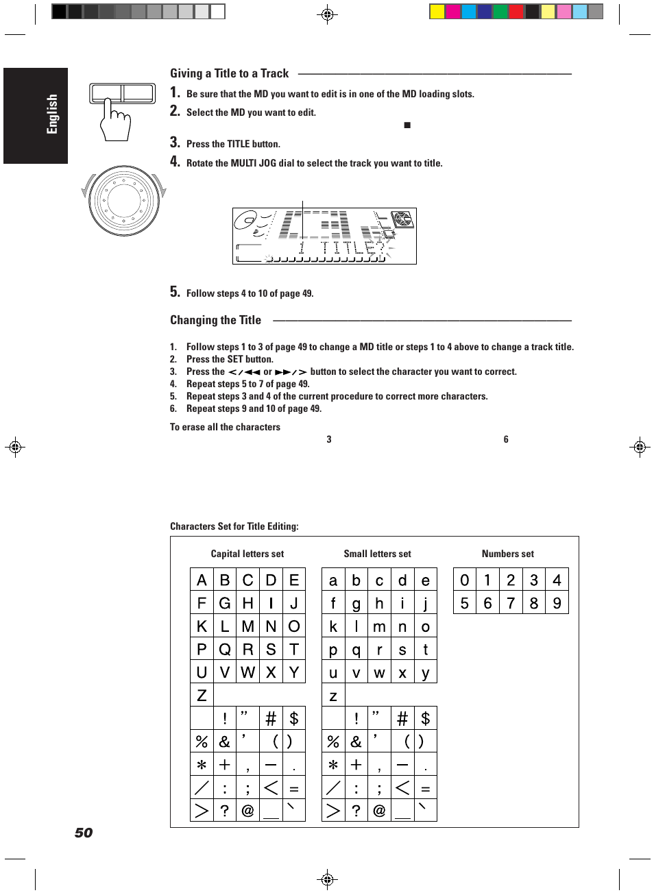 English, Giving a title to a track, Changing the title | JVC CA-MD9R User Manual | Page 54 / 63