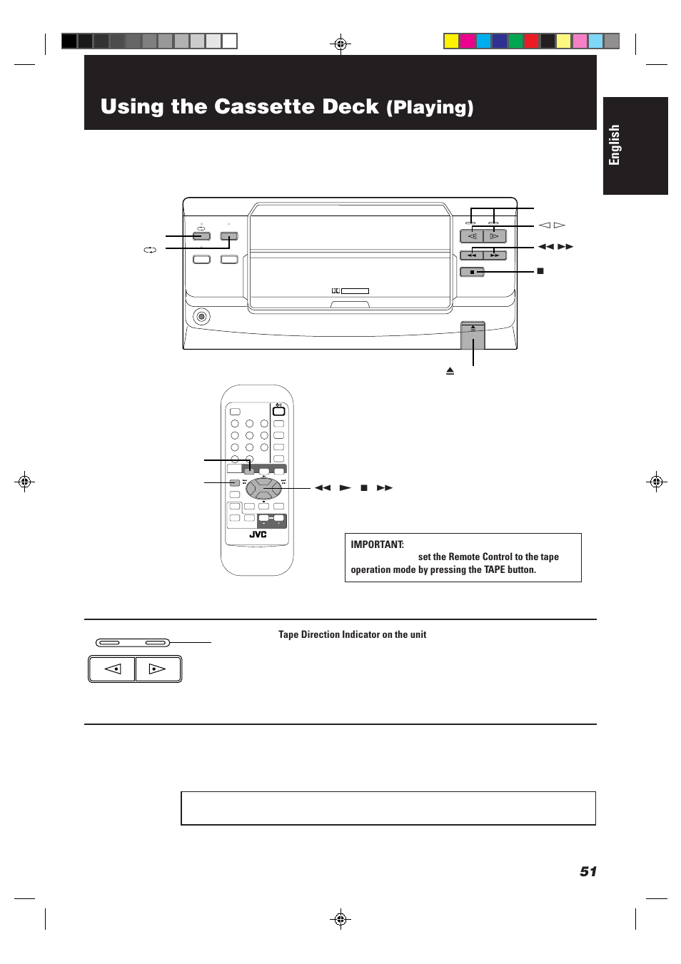 Using the cassette deck, Playing), English | Play) 1 ¡ 7 (stop) 0 (eject) dolby b nr | JVC CA-MD9R User Manual | Page 55 / 63