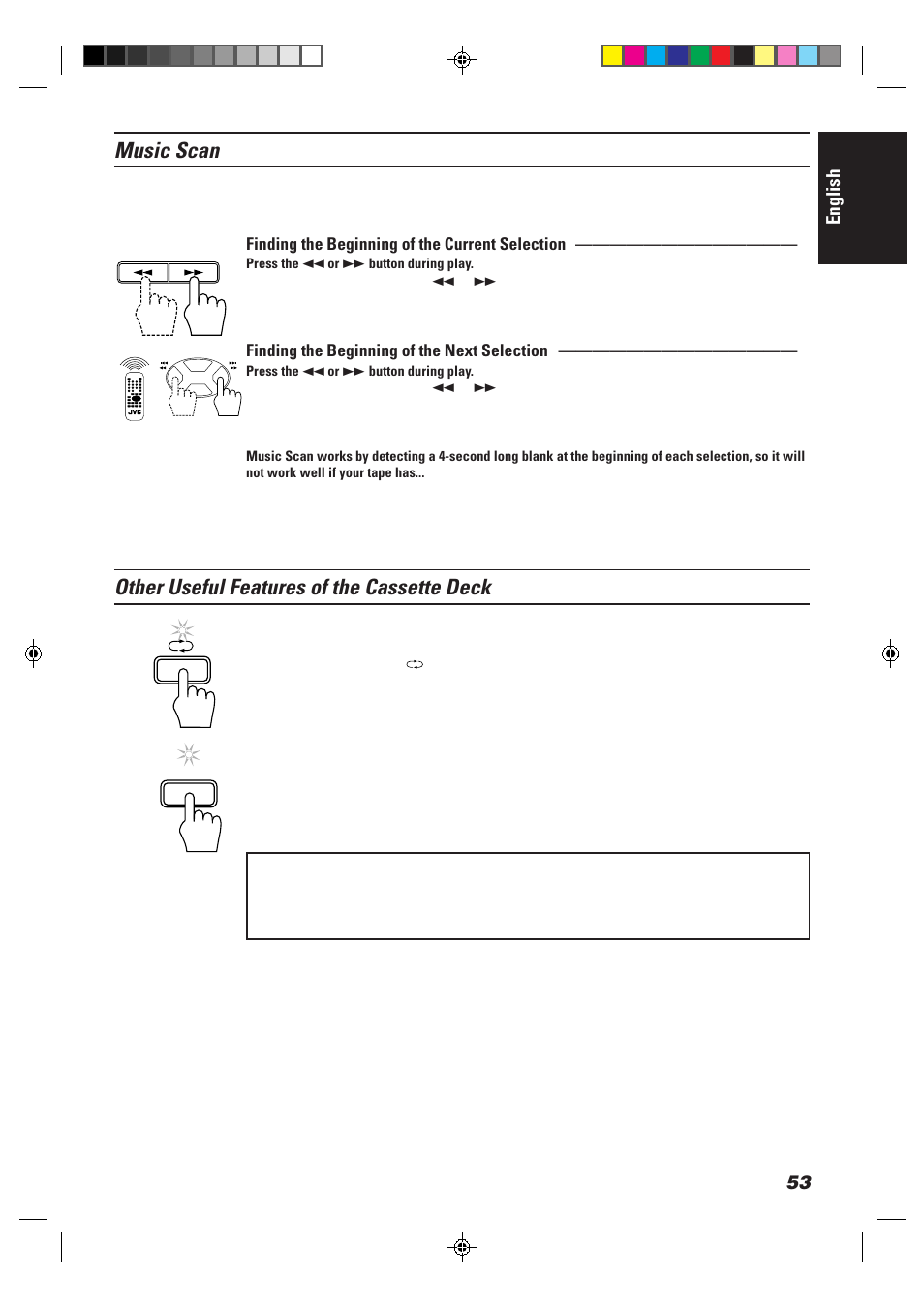 Music scan, Other useful features of the cassette deck, English | Finding the beginning of the current selection, Finding the beginning of the next selection | JVC CA-MD9R User Manual | Page 57 / 63