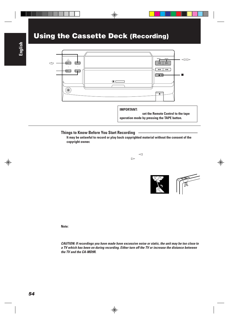 Using the cassette deck, Recording), English | Things to know before you start recording | JVC CA-MD9R User Manual | Page 58 / 63