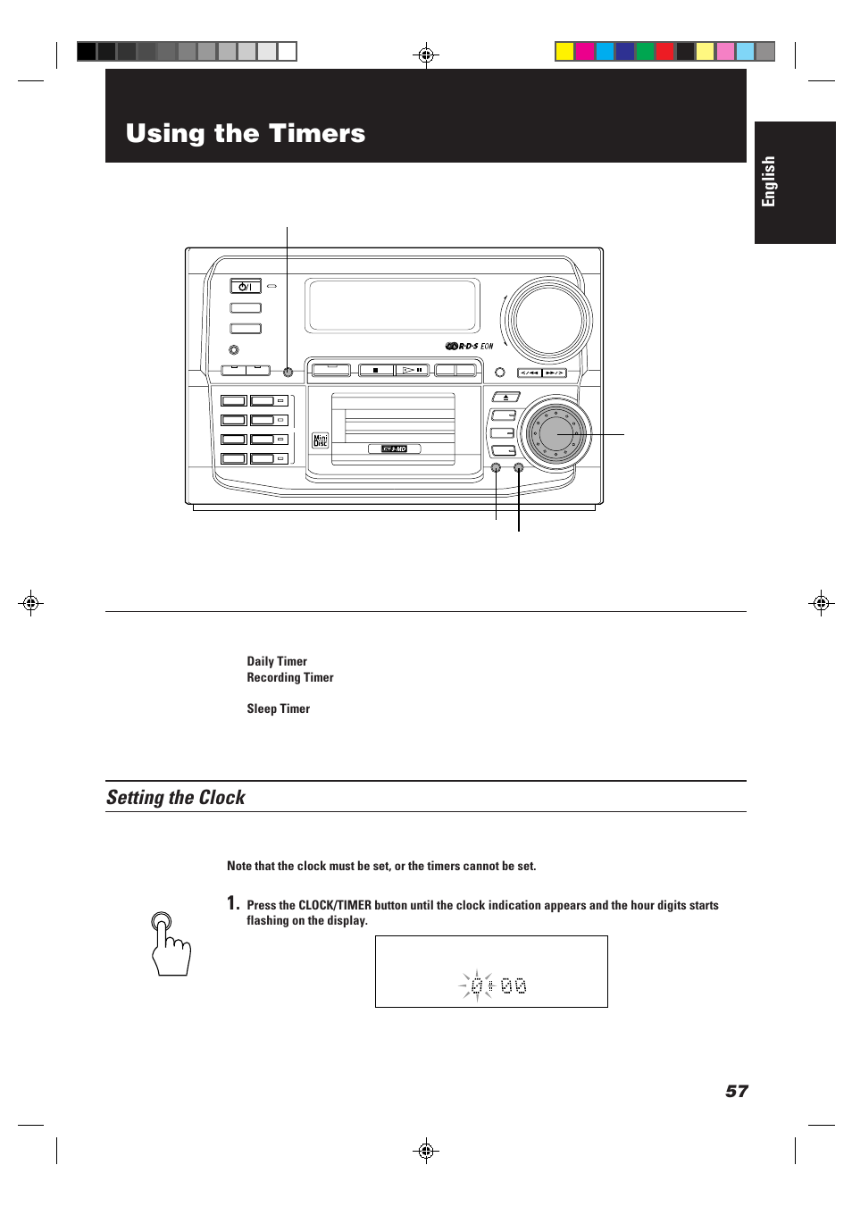 Using the timers, Setting the clock, English | Clock/timer multi jog dial, Cancel | JVC CA-MD9R User Manual | Page 61 / 63