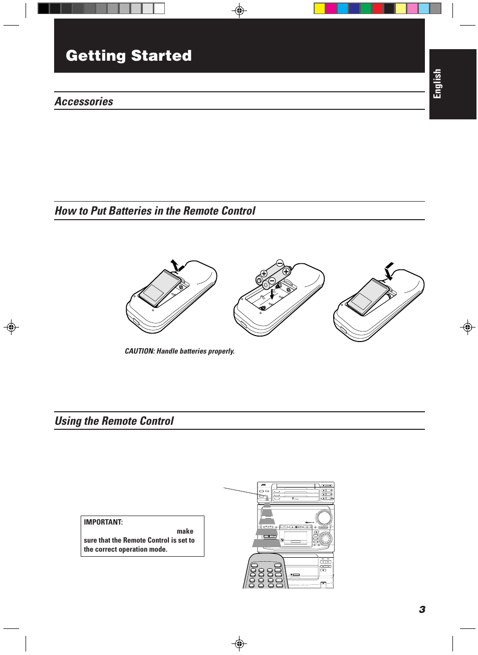 Getting started, Accessories, How to put batteries in the remote control | Using the remote control, English | JVC CA-MD9R User Manual | Page 7 / 63