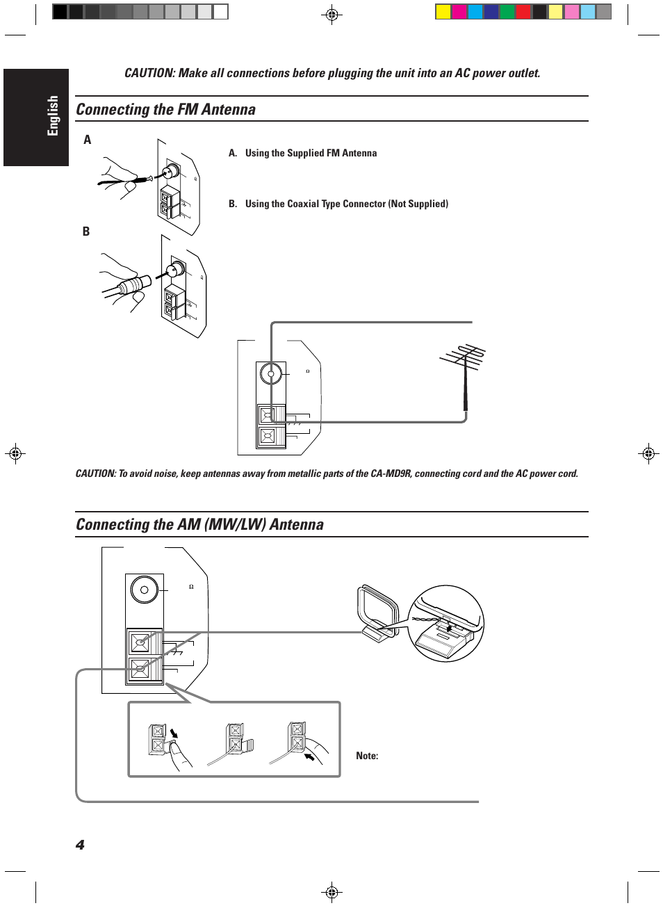 Connecting the fm antenna, Connecting the am (mw/lw) antenna, English | JVC CA-MD9R User Manual | Page 8 / 63