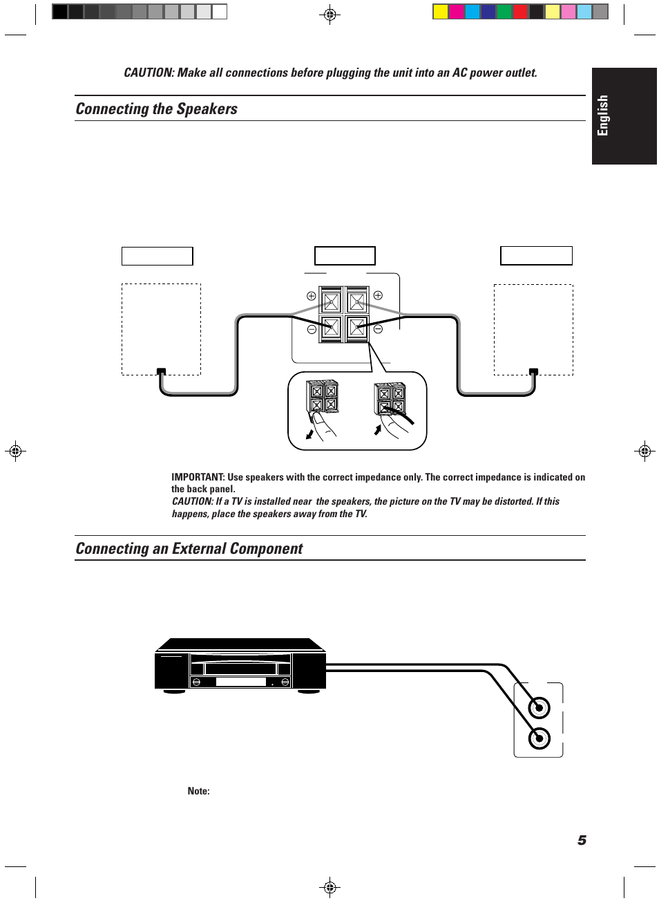 Connecting the speakers, Connecting an external component, English | JVC CA-MD9R User Manual | Page 9 / 63