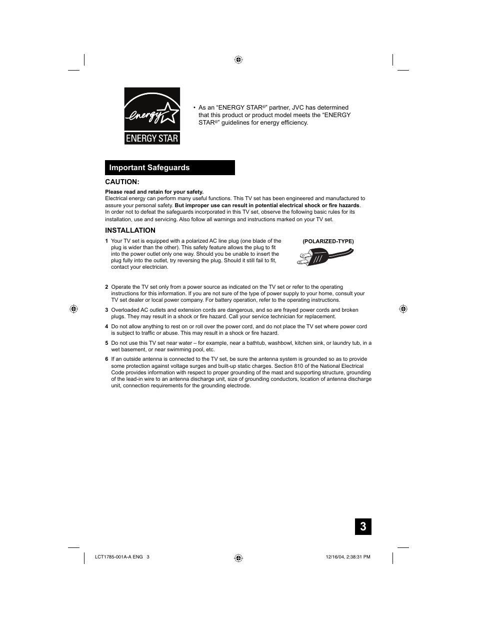 Important safeguards | JVC AV 32F476  EN User Manual | Page 3 / 52