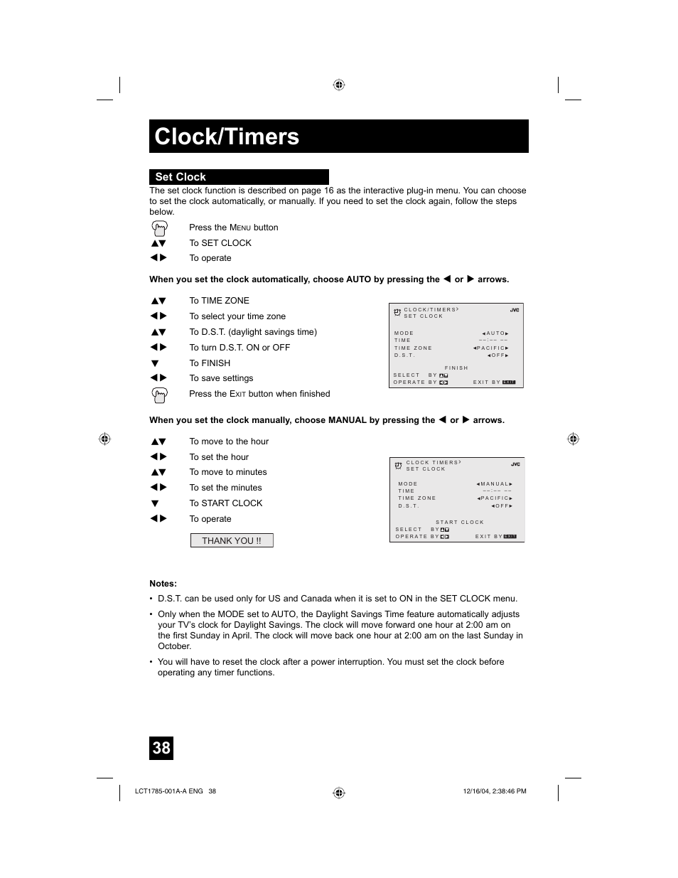 Clock/timers, Set clock | JVC AV 32F476  EN User Manual | Page 38 / 52