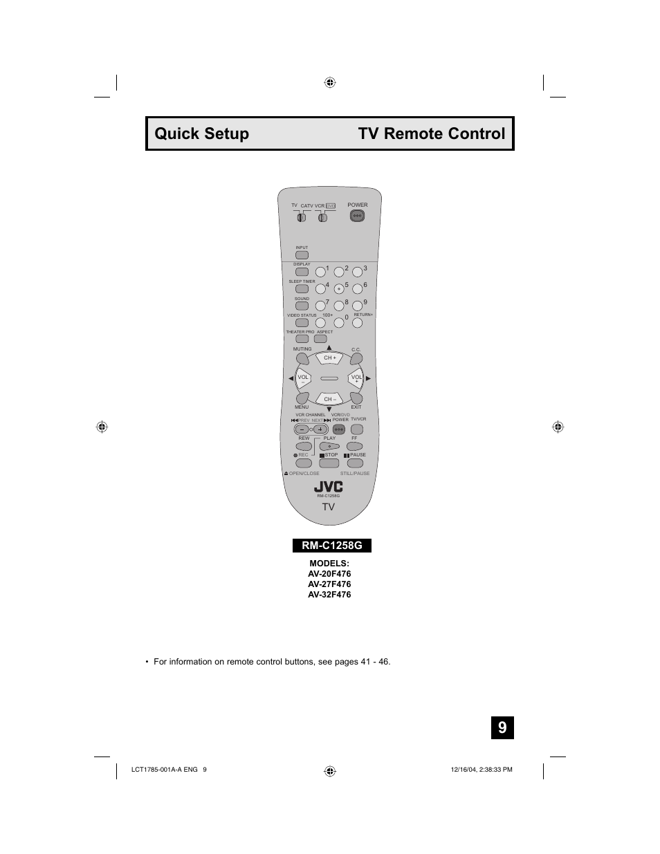 Quick setup tv remote control, Rm-c1258g | JVC AV 32F476  EN User Manual | Page 9 / 52