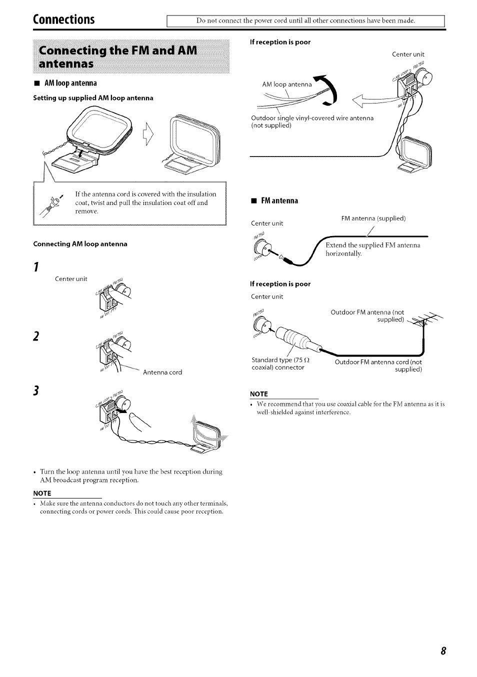 Connecting the ffvi and afvl antennas, Connecting the fm and am antennas, Connections | JVC TH-C30 User Manual | Page 11 / 46