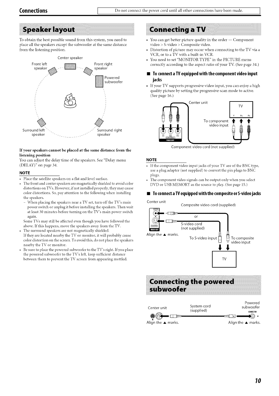 Speaker layout, Connecting a tv, Connecting the powered subwoofer | JVC TH-C30 User Manual | Page 13 / 46