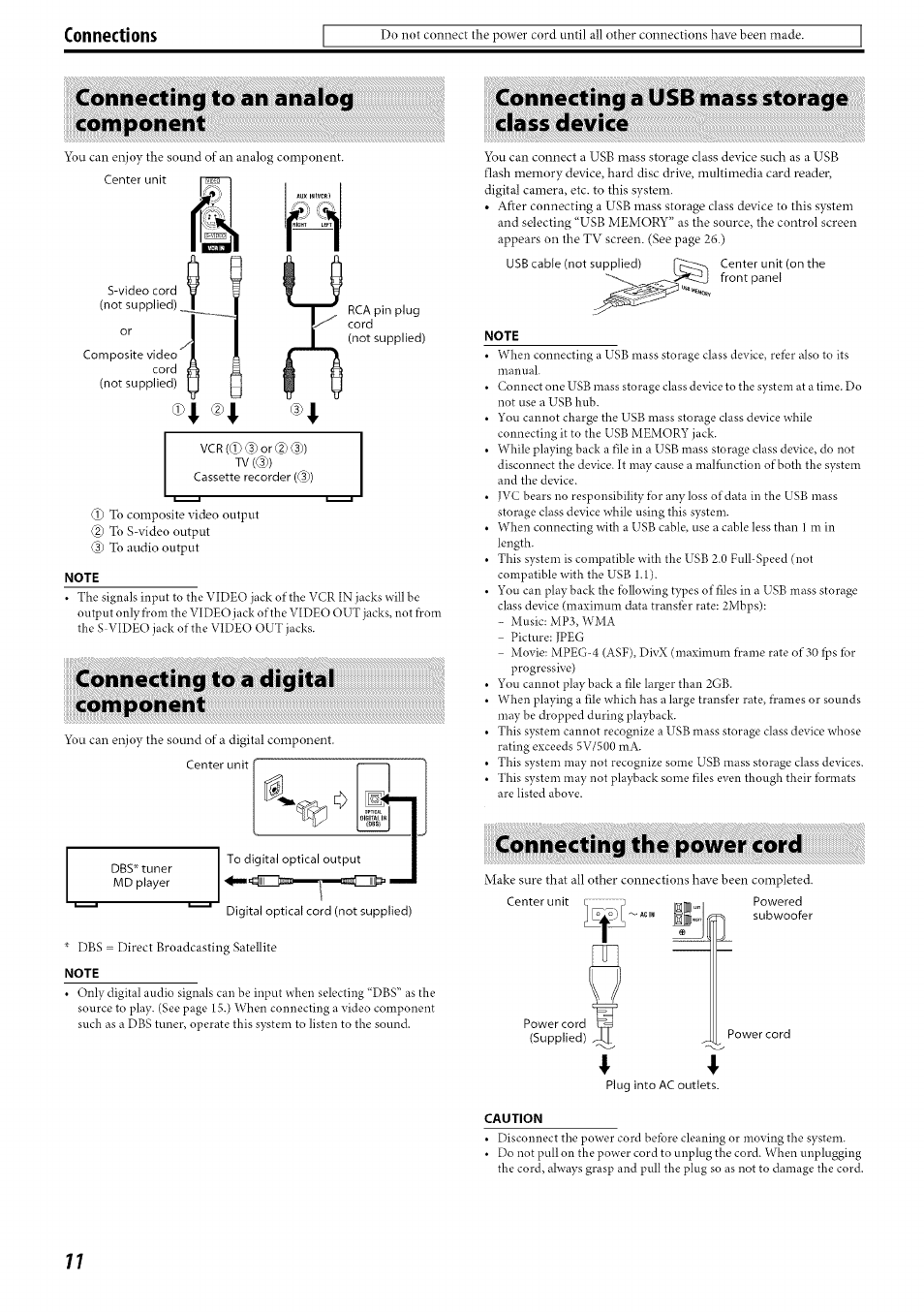 Connecting to an analog component, Connecting to a digital component, Connecting a usb mass storage class device | Connecting the power cord | JVC TH-C30 User Manual | Page 14 / 46