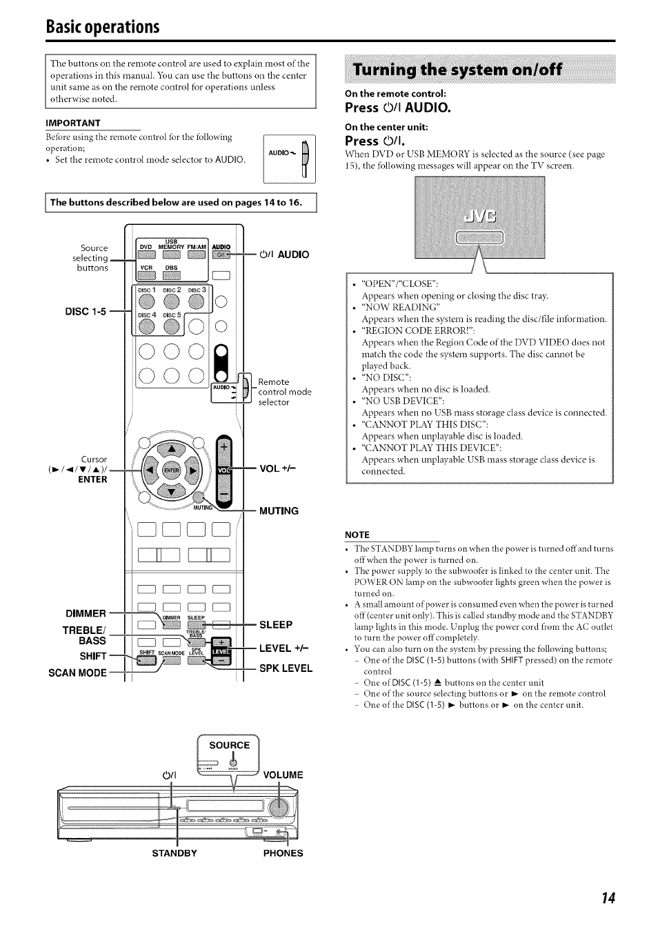 Basic operations, Turning the system on/off, Press 0/1 audio | Press c!)/l, Illiiji | JVC TH-C30 User Manual | Page 17 / 46