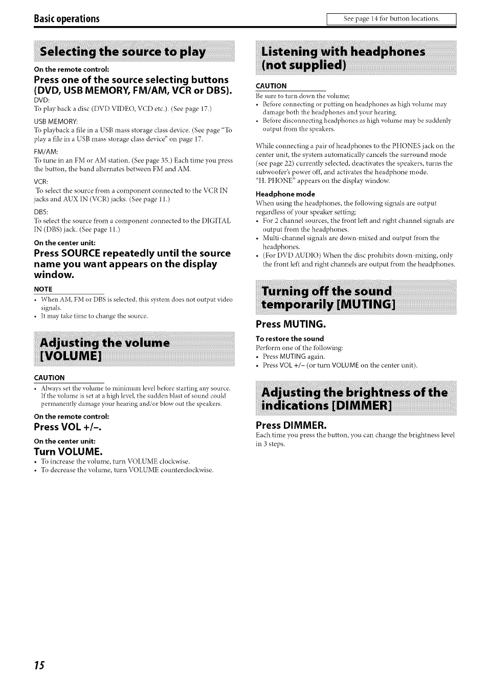 Selecting the source to play, Listening with headphones (not supplied), Adjusting the volume [volume | Press vol, Turn volume, Turning off the sound temporarily [muting, Press muting, Press dimmer | JVC TH-C30 User Manual | Page 18 / 46