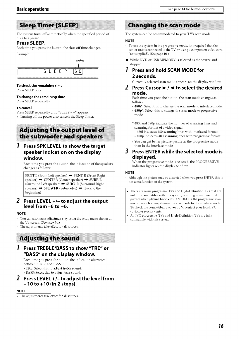 Sleep timer [sleep, Changing the scan mode, Adjusting the sound | Adjusting the sound 7 | JVC TH-C30 User Manual | Page 19 / 46