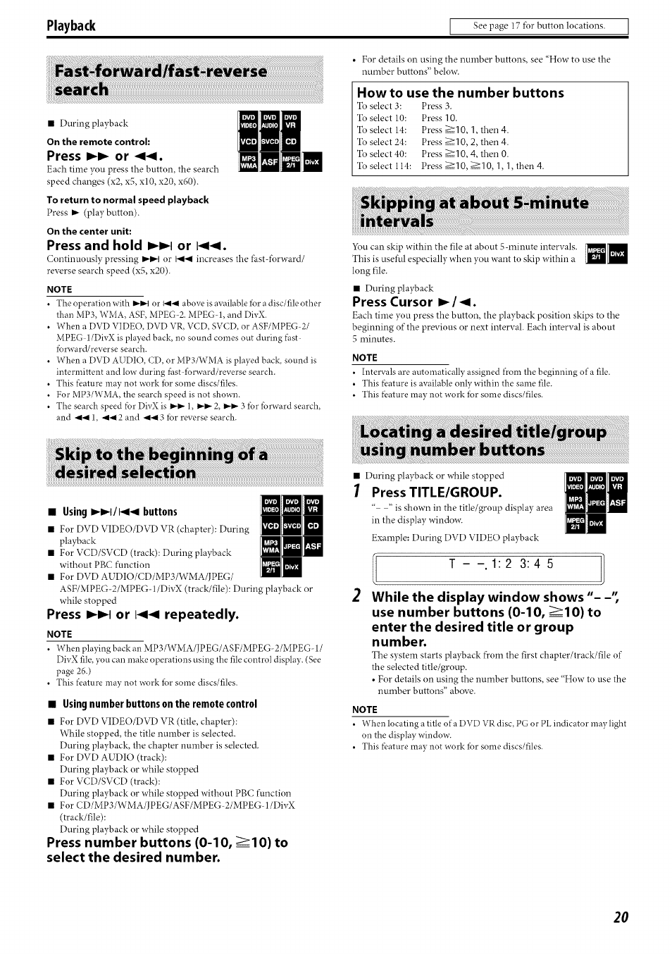 Fast-forward/fast-reverse, Search, Skip to the beginning of a desired selection | Skipping at about 5-minute intervals, Fast-forward/fast-reverse search | JVC TH-C30 User Manual | Page 23 / 46