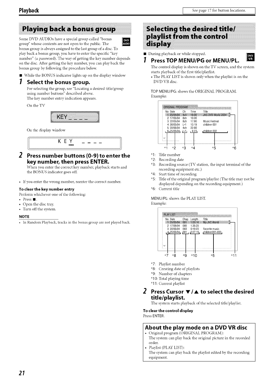 Playing back a bonus group, Select the bonus group, Press top menu/pg or menu/pl | About the play mode on a dvd vr disc, Pla)dng back a bonus group, Playback | JVC TH-C30 User Manual | Page 24 / 46