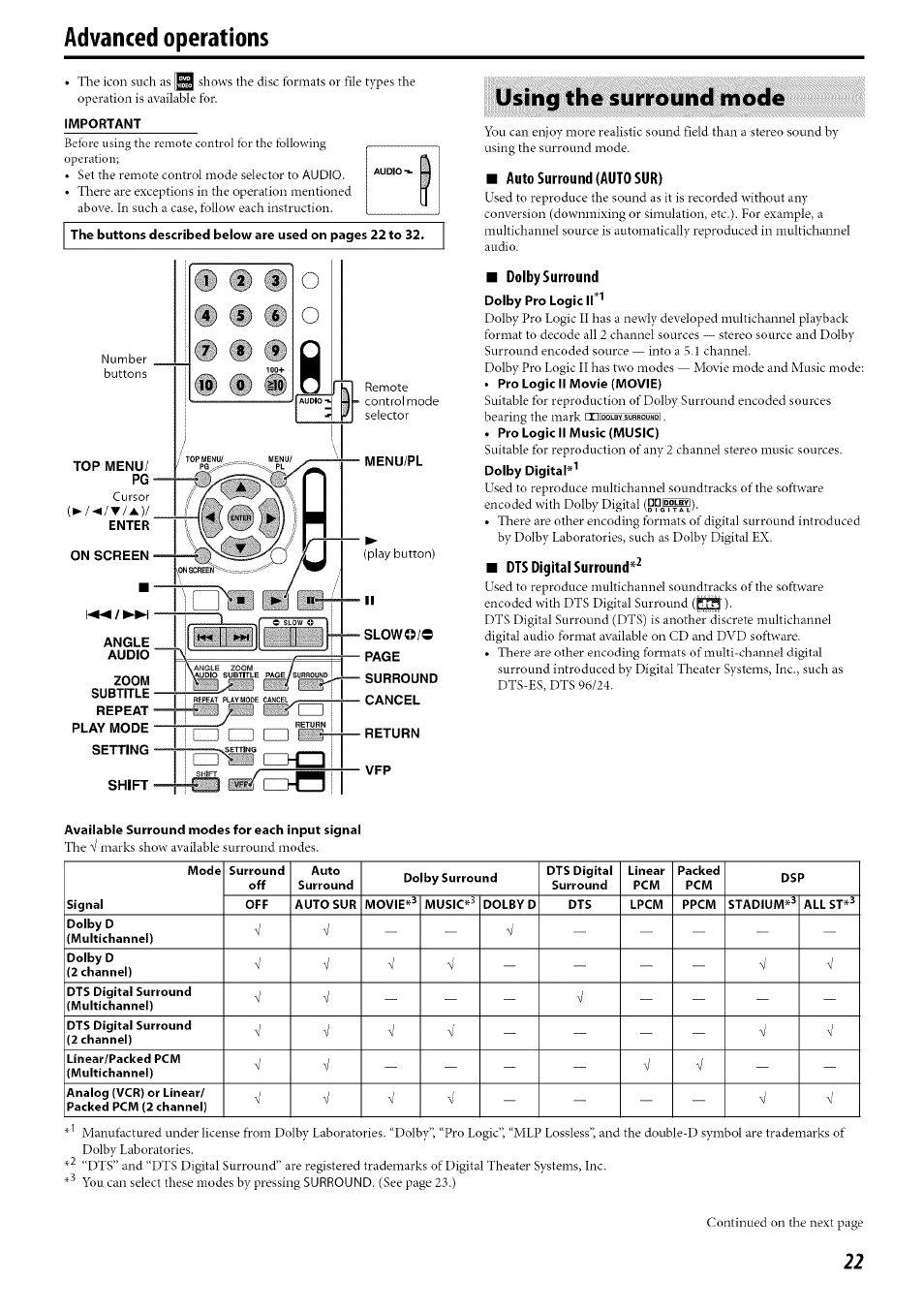 Advanced operations, Using the surround mode | JVC TH-C30 User Manual | Page 25 / 46