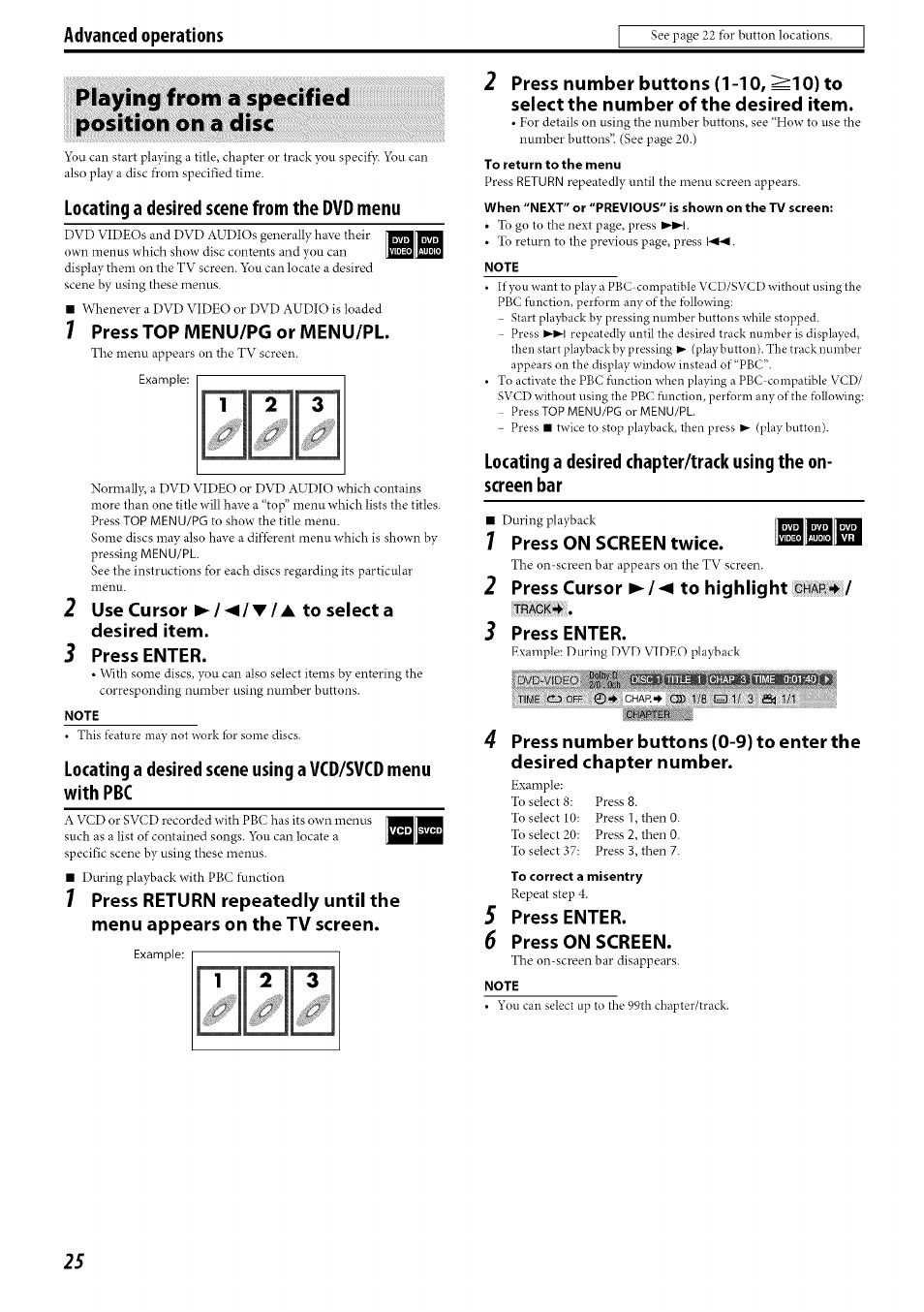 Playing from a specified position on a disc, 1 press top menu/pg or menu/pl, Use cursor ►/desired item | Press enter, 7 press on screen twice, 2 press cursor ►/◄ to highlight c a, 3 press enter, 5 press enter, 6 press on screen, Pla)dng from a specified position on a disc | JVC TH-C30 User Manual | Page 28 / 46