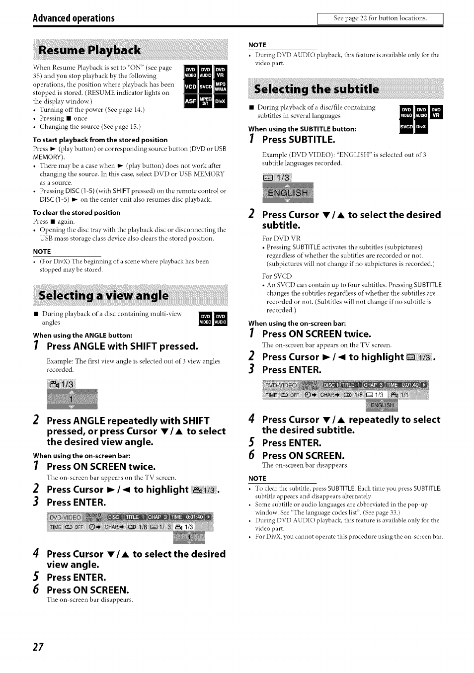 Resume playback, Selecting a view angle, Selecting the subtitle | Selecting a view angle selecting the subtitle | JVC TH-C30 User Manual | Page 30 / 46