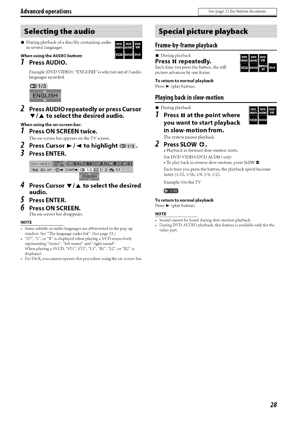 7 press audio, 7 press on screen twice, 2 press cursor ►/◄to highlight c:di.;3 | 3 press enter, Press cursor t/a to select the desired audio, Press enter, Press on screen, Press ii repeatedly, 2 press slow, Selecting the audio | JVC TH-C30 User Manual | Page 31 / 46