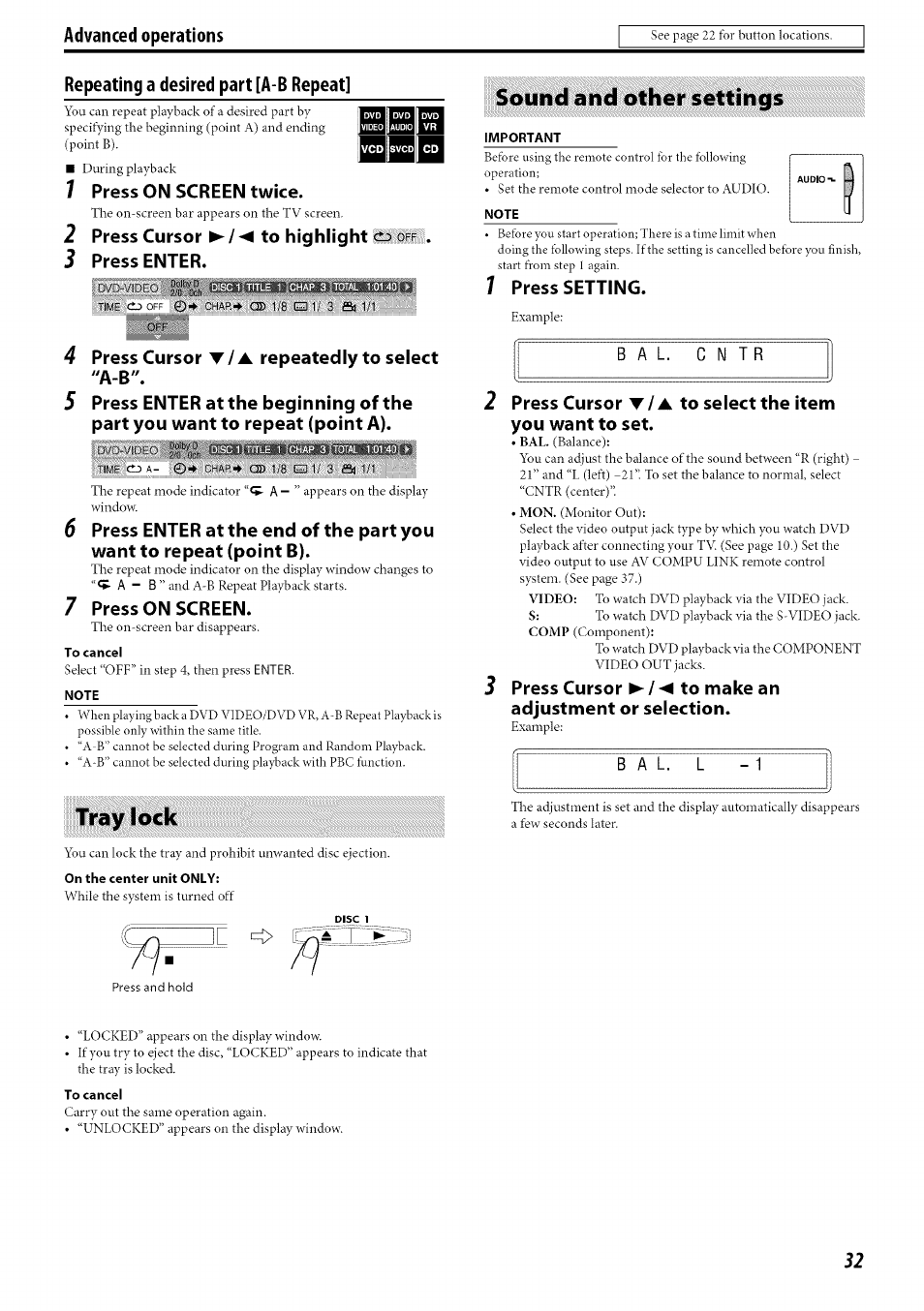 Tray lock, Sound and other settings | JVC TH-C30 User Manual | Page 35 / 46