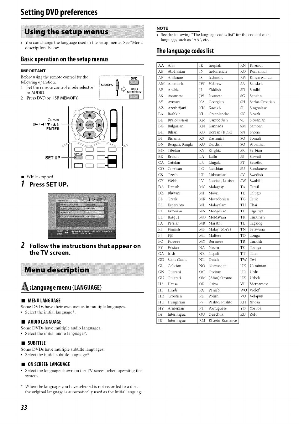 Setting dvd preferences, Using the setup menus, 7 press set up | Menu description, Using the setup menus menu description, Basic operation on the setup menus, L\:language menu (language), The language codes list | JVC TH-C30 User Manual | Page 36 / 46